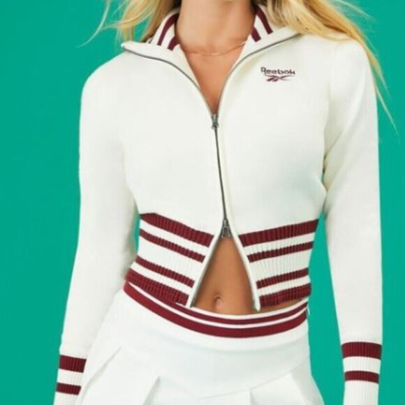 REEBOK FOREVER 21 White Maroon Bomber Zip Up Cardigan Cropped Sweater Large NWT - Picture 1 of 9